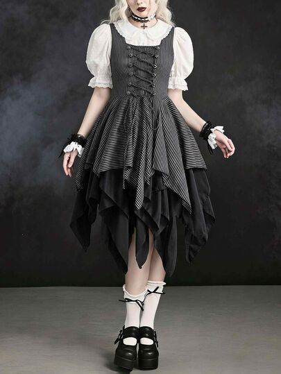 Damen-Kleid in mittlerer Länge mit Streifenmuster, Ösen-Schnürung und asymmetrischem Saum, im Fairy-Gothic-Stil