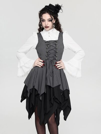 Robe mi-longue rayée pour femmes avec œillets à lacets et ourlet asymétrique, style gothique féerique