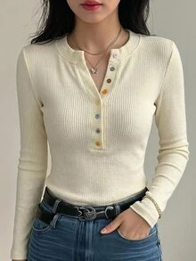 DAZY 春夏秋款奶油黃彩虹彩色鈕扣裝飾修身長袖女款T恤 - 米色 - 查看 4