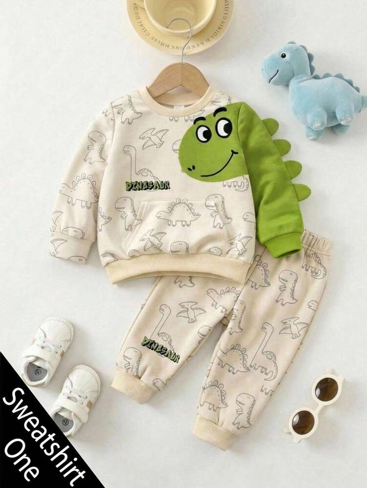 SHEIN Kids Boys' Comfortable Cute Dinosaur Design Crew Neck Long Sleeve Sweatshirt, Suitable For Autumn/Winter Back To School Daily Wear - Apricot - View 1