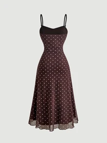 SHEIN MOD 棕色與杏色波點拼接洋裝，附蝴蝶結飾邊，復古 70 年代風格 - 棕色 - 查看 2