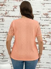 SHEIN Clasi Plus Size Women Contrast Lace V-Neck Short Sleeve Casual T-Shirt - Coral Pink - View 2