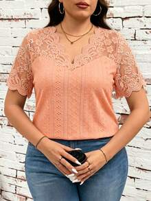 SHEIN Clasi Plus Size Women Contrast Lace V-Neck Short Sleeve Casual T-Shirt - Coral Pink - View 7
