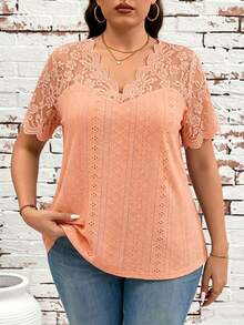 SHEIN Clasi Plus Size Women Contrast Lace V-Neck Short Sleeve Casual T-Shirt - Coral Pink - View 5