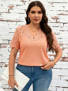 SHEIN Clasi Plus Size Women Contrast Lace V-Neck Short Sleeve Casual T-Shirt - Coral Pink - View 6