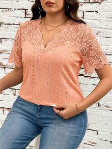 SHEIN Clasi Plus Size Women Contrast Lace V-Neck Short Sleeve Casual T-Shirt - Coral Pink - View 4