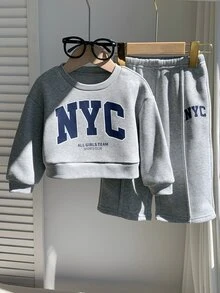 Bubblio Baby Girl Cute Autumn/Winter Grey Long Sleeve Sweatshirt & Elastic Waist Long Pants Set - Light Grey - View 3