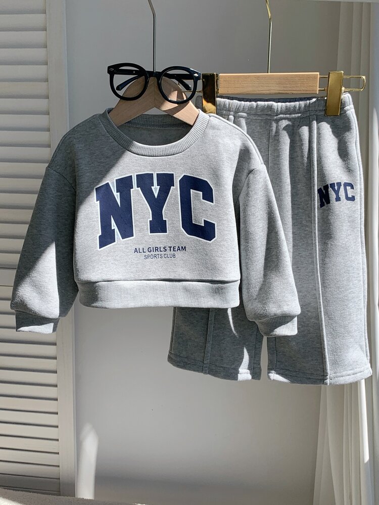 Bubblio Baby Girl Cute Autumn/Winter Grey Long Sleeve Sweatshirt & Elastic Waist Long Pants Set - Light Grey - View 3