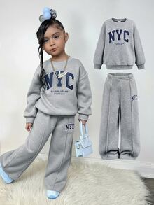 Bubblio Baby Girl Cute Autumn/Winter Grey Long Sleeve Sweatshirt & Elastic Waist Long Pants Set - Light Grey - View 1