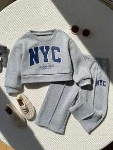 Bubblio Baby Girl Cute Autumn/Winter Grey Long Sleeve Sweatshirt & Elastic Waist Long Pants Set - Light Grey - View 4