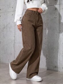 SHEIN 少女女孩深藍色寬鬆牛仔長褲 - 棕色 - 查看 4