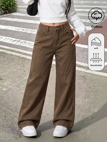 SHEIN 少女女孩深藍色寬鬆牛仔長褲 - 棕色 - 查看 1