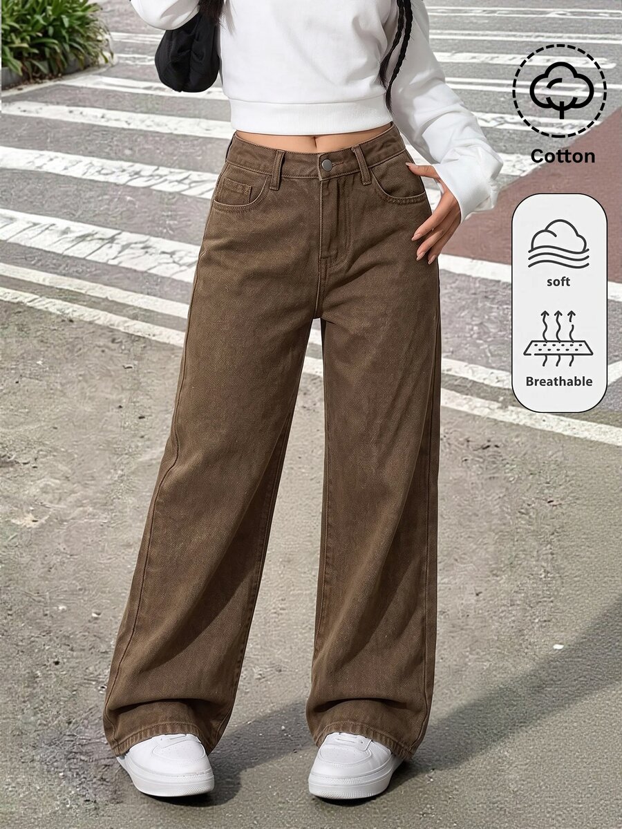 SHEIN 少女女孩深藍色寬鬆牛仔長褲 - 棕色 - 查看 1