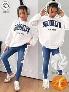 SHEIN Tween女孩2件套 白色字母圖案針織寬鬆圓領衛衣與藍色丹寧彈性緊身褲 - 藍白色 - 查看 2
