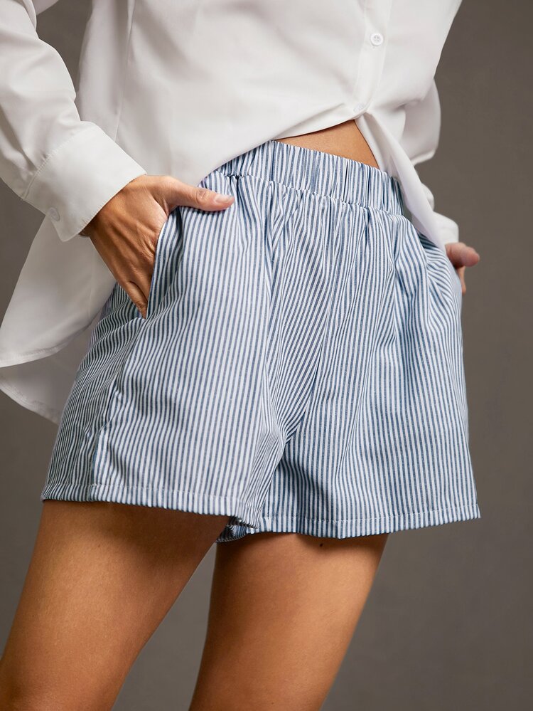 Siren Gaze Striped Print Elastic Waist Shorts Chic Summer Casual - Blue and White - View 7
