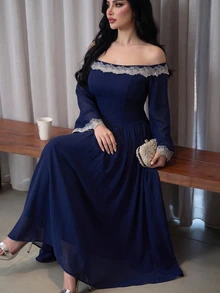 Modelyn Gaun Wanita Elegan Leher Persegi dengan Patchwork Renda 3D dan Lengan Mengembang Ukuran Plus - Biru - View 8