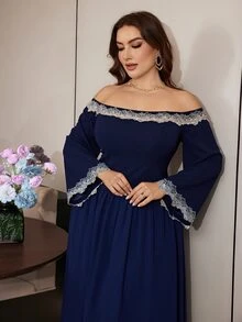 Modelyn Gaun Wanita Elegan Leher Persegi dengan Patchwork Renda 3D dan Lengan Mengembang Ukuran Plus - Biru - View 5