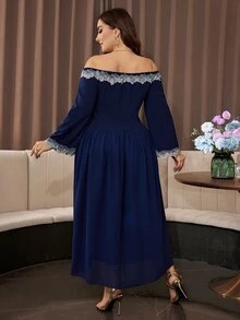 Modelyn Gaun Wanita Elegan Leher Persegi dengan Patchwork Renda 3D dan Lengan Mengembang Ukuran Plus - Biru - View 2