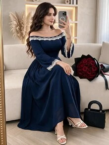 Modelyn Gaun Wanita Elegan Leher Persegi dengan Patchwork Renda 3D dan Lengan Mengembang Ukuran Plus - Biru - View 1