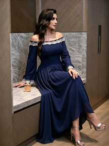 Modelyn Gaun Wanita Elegan Leher Persegi dengan Patchwork Renda 3D dan Lengan Mengembang Ukuran Plus - Biru - View 3