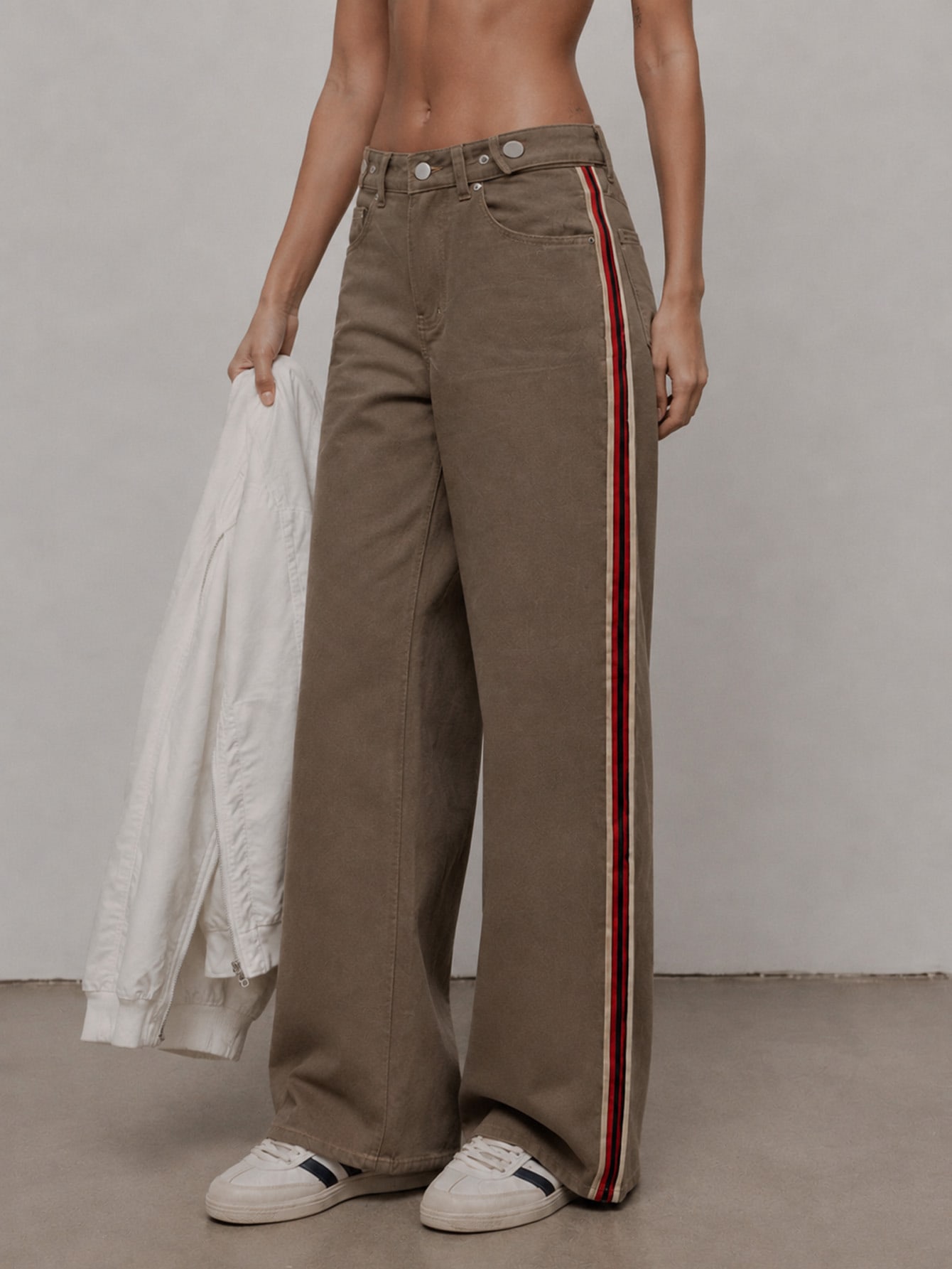 Brown Wide-Leg Jeans With Contrast Side Tape