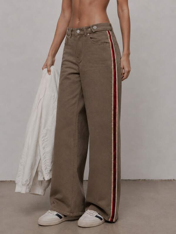 Zerodot Women Brown Wide-Leg Jeans With Contrast Side Tape Casual Daily Spring Fall