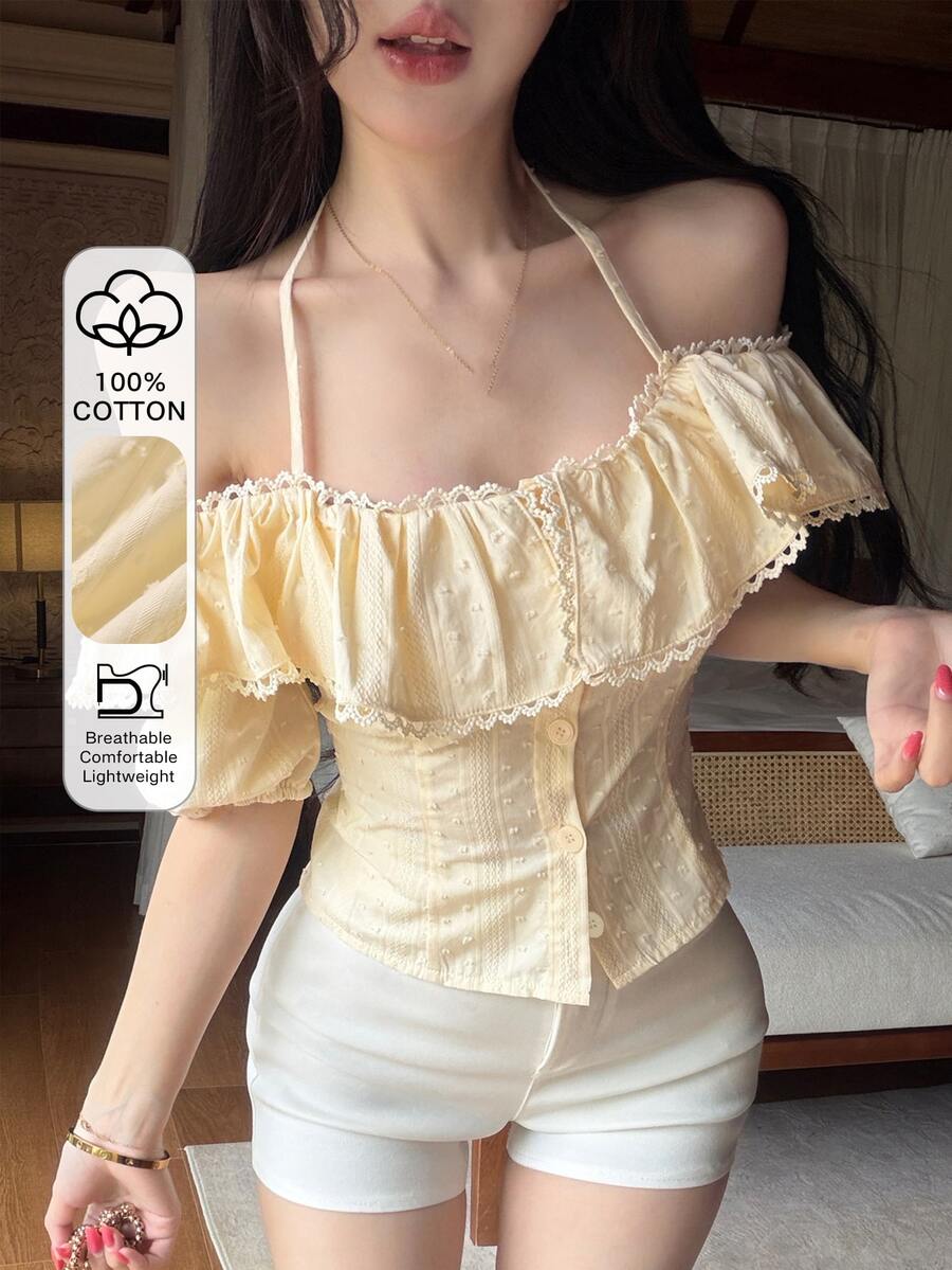 Joudiya Atasan Crop Top Kasual Musim Semi & Musim Panas Berwarna Kuning dengan Hiasan Renda dan Bahu Terbuka untuk Liburan di Pantai, Blus Lengan Pendek dengan Desain Pas Badan untuk Wanita, Atasan untuk Acara Keluar Rumah - Kuning - View 1