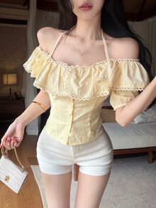 Joudiya Atasan Crop Top Kasual Musim Semi & Musim Panas Berwarna Kuning dengan Hiasan Renda dan Bahu Terbuka untuk Liburan di Pantai, Blus Lengan Pendek dengan Desain Pas Badan untuk Wanita, Atasan untuk Acara Keluar Rumah - Kuning - View 3