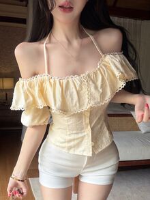 Joudiya Atasan Crop Top Kasual Musim Semi & Musim Panas Berwarna Kuning dengan Hiasan Renda dan Bahu Terbuka untuk Liburan di Pantai, Blus Lengan Pendek dengan Desain Pas Badan untuk Wanita, Atasan untuk Acara Keluar Rumah - Kuning - View 8