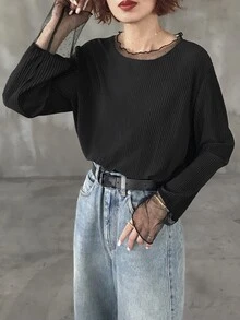 FRIFUL 纯色拼接薄纱波点网眼宽松休闲百搭T恤 - 黑色 - 查看 4