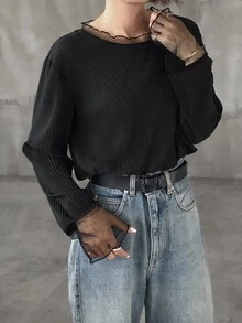 FRIFUL 纯色拼接薄纱波点网眼宽松休闲百搭T恤 - 黑色 - 查看 5