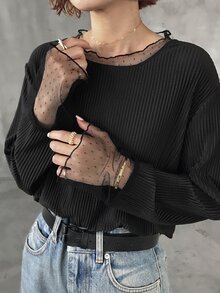 FRIFUL 纯色拼接薄纱波点网眼宽松休闲百搭T恤 - 黑色 - 查看 8