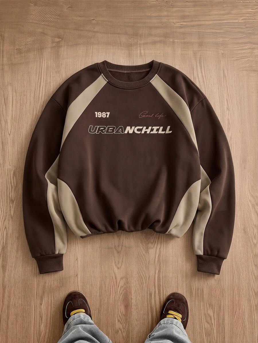 SWAVVY Men's Spring/Autumn Casual Standard Size Black Pullover Sweatshirt With Embroidered Collar - Brown - View 1