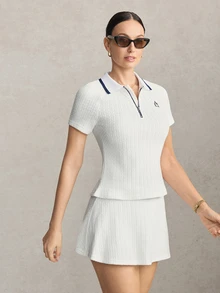 Activina Women's White Knit Jacquard Fabric Raglan Sleeve Polo Short Sleeve Shirt - White - View 5