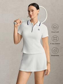 Activina Women's White Knit Jacquard Fabric Raglan Sleeve Polo Short Sleeve Shirt - White - View 8