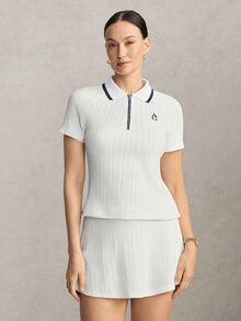 Activina Women's White Knit Jacquard Fabric Raglan Sleeve Polo Short Sleeve Shirt - White - View 7