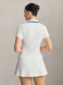 Activina Women's White Knit Jacquard Fabric Raglan Sleeve Polo Short Sleeve Shirt - White - View 2