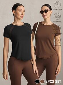 Activina 女款黑色與棕色插肩袖網布拼接運動短袖兩件套 - 彩色 - 查看 3