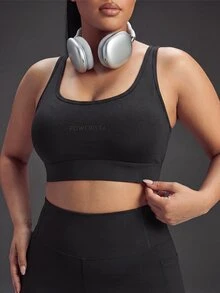 Powerista Women's Plus Size All Seasons Black Soild Color Sports Brawith Cutout Back Design And Excellent Support For Gym Workouts And Running - Black - View 3
