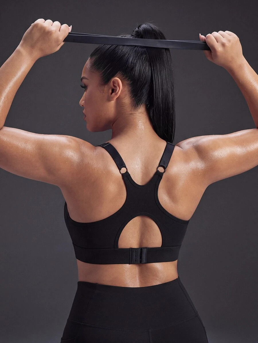 Powerista Women's Plus Size All Seasons Black Soild Color Sports Brawith Cutout Back Design And Excellent Support For Gym Workouts And Running