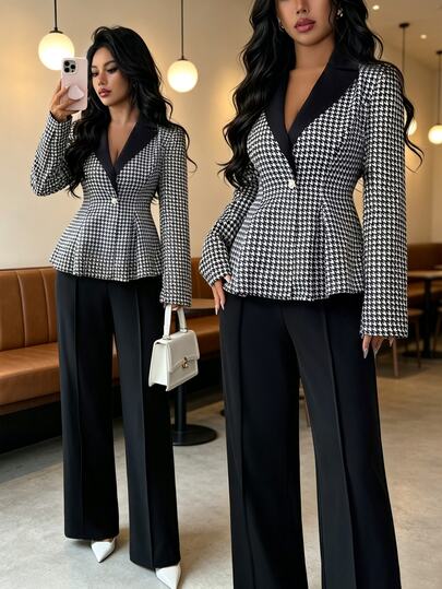 Elenzga Women's Elegant Bird Print Patchwork Satin Collar Design Blazer And Black Versatile Solid Straight Leg Pants Office Party Suit