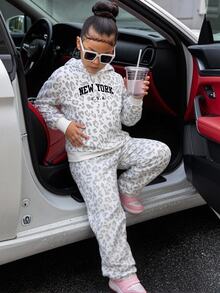 Toddler Girl Clothes Spring/Autumn New Fashion Minimalist Grey Leopard Print Sweatshirt With Elastic Waist Wide Leg Long Pants, Suitable For Outings - Grey - View 3