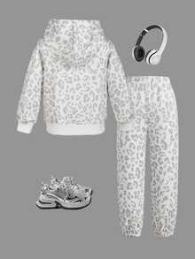 Toddler Girl Clothes Spring/Autumn New Fashion Minimalist Grey Leopard Print Sweatshirt With Elastic Waist Wide Leg Long Pants, Suitable For Outings - Grey - View 2