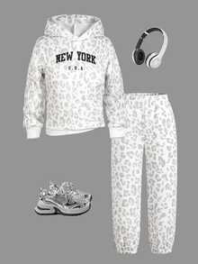 Toddler Girl Clothes Spring/Autumn New Fashion Minimalist Grey Leopard Print Sweatshirt With Elastic Waist Wide Leg Long Pants, Suitable For Outings - Grey - View 5