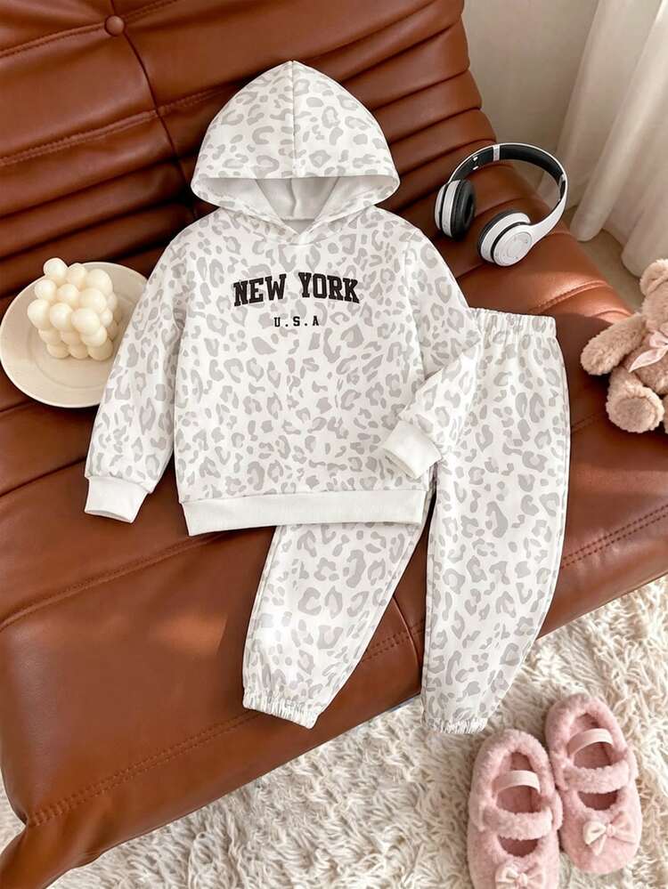 Toddler Girl Clothes Spring/Autumn New Fashion Minimalist Grey Leopard Print Sweatshirt With Elastic Waist Wide Leg Long Pants, Suitable For Outings - Grey - View 1