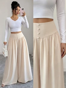 SHEIN Elenzya Women's Solid Color High Waist Button Design Wide Leg Loose Pants - Multicolor - View 1