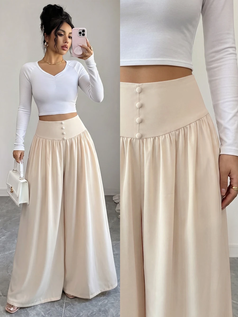 SHEIN Elenzya Women's Solid Color High Waist Button Design Wide Leg Loose Pants - Multicolor - View 1