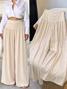 SHEIN Elenzya Women's Solid Color High Waist Button Design Wide Leg Loose Pants - Multicolor - View 2