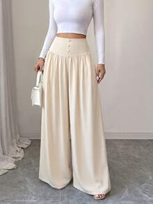 SHEIN Elenzya Women's Solid Color High Waist Button Design Wide Leg Loose Pants - Multicolor - View 3