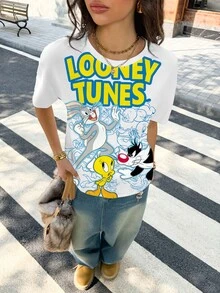 LOONEY TUNES X SHEIN 女款字母卡通印花休閒日常短袖T恤 - 白色 - 查看 3